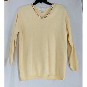 VTG Magnet Art Lynn Yang Sweater Womens L  Cotton Yellow Embellished USA